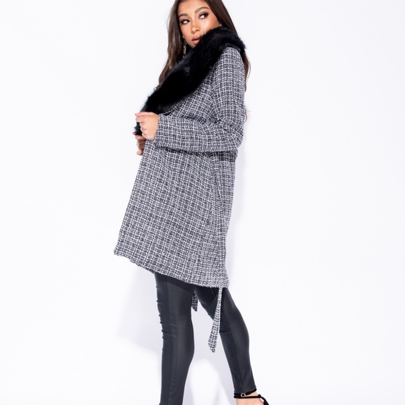 SALE! LAST 1! Plaid Fur Collar Trench Coat Jacket - Picture 4 of 8